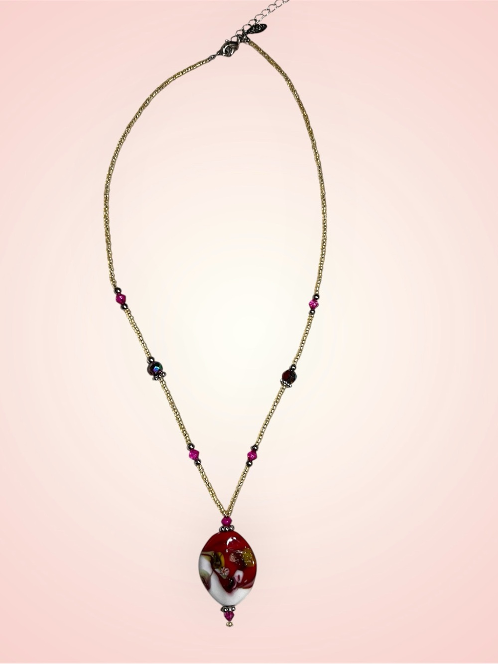 Latasia Gold-Tone Seed Bead Necklace with Red Glass Pendant & Pink Accent Beads